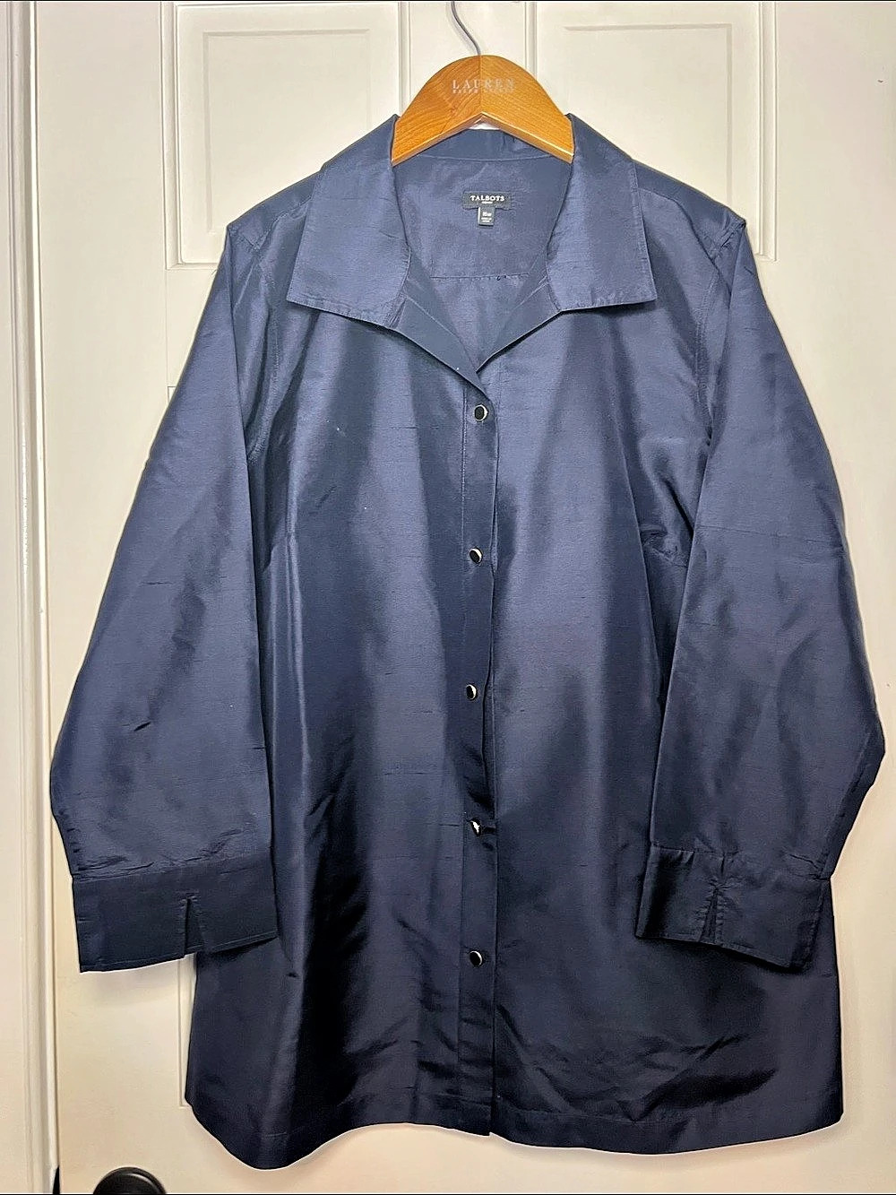 Talbots Silk Navy Blue Button Front Jacket Size 16W